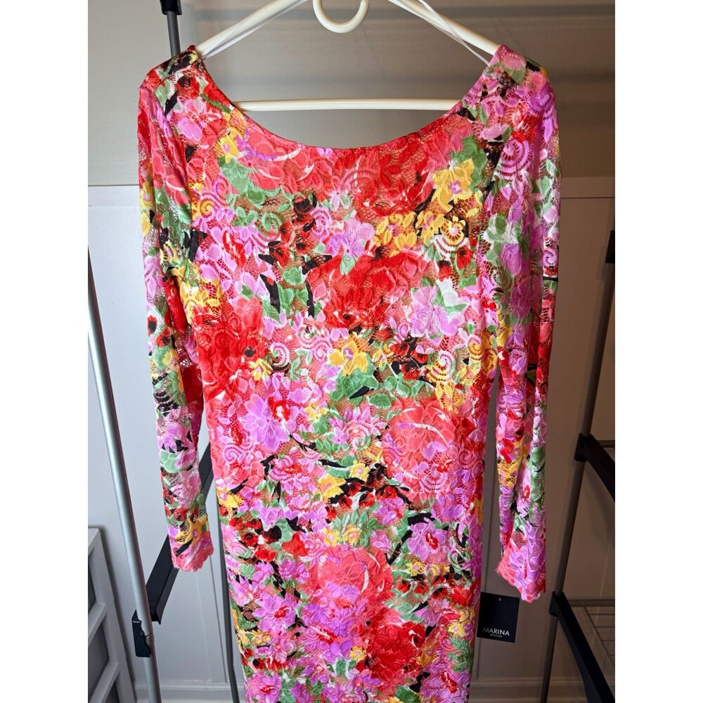 Marina Women's XL Pink Floral Lace V-Neck Long Sleeve Midi Sheath Dress Lined